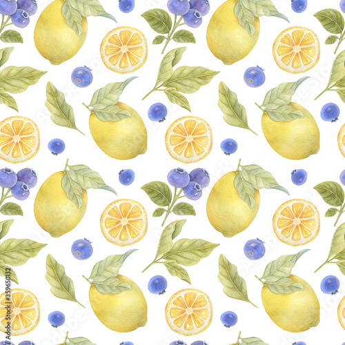 Watercolor seamless pattern with lemons, blueberries and leaves on the light background. Bright watercolor illustration.