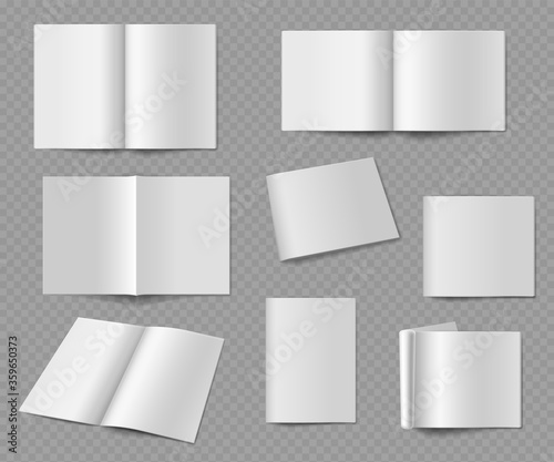 Blank magazine. Realistic empty album or book mockup frontally and from different angles presentation publication, paper sheets vector set