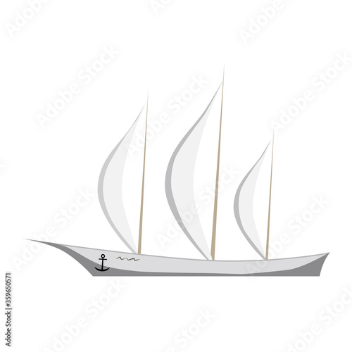Elegant sailing yacht isolated on white. White sailboat. An anchor hangs on board. Tall masts with taut sails. Vector EPS10.