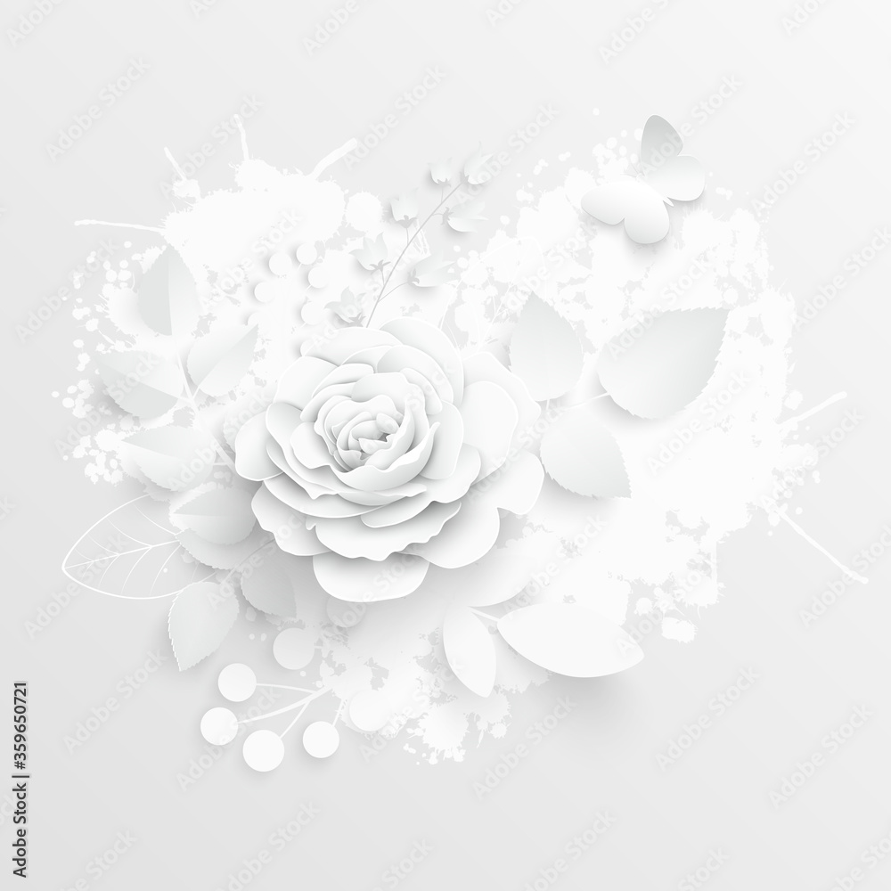 Paper flower. White roses cut from paper. Vector illustration.