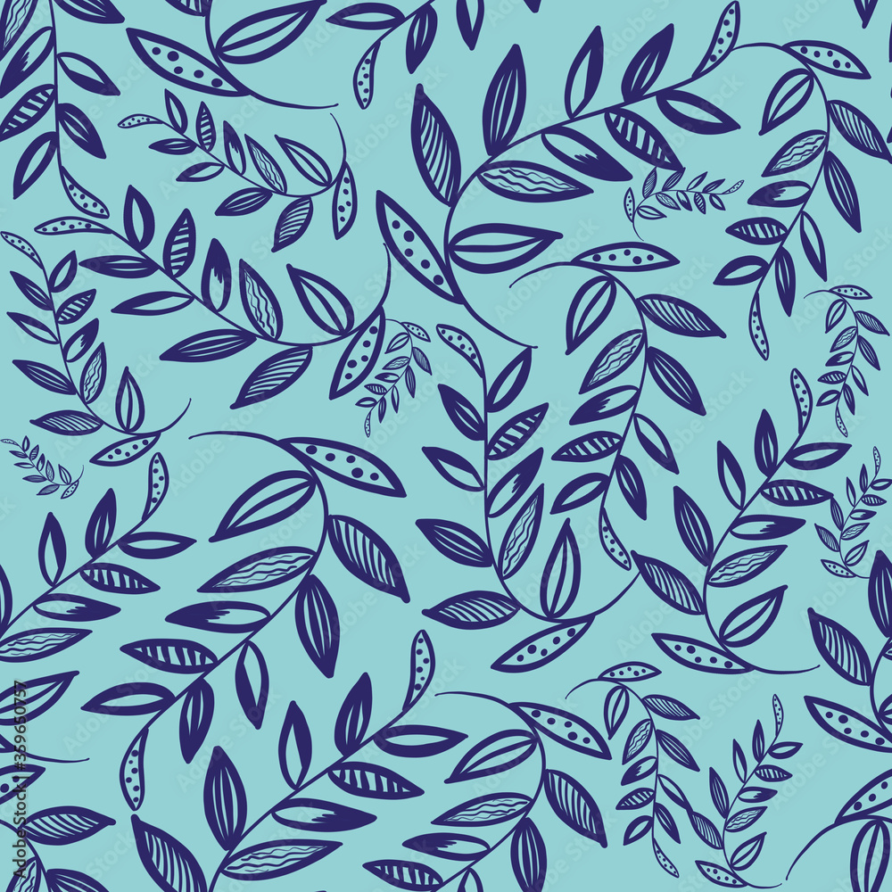 Fototapeta Simple seamless pattern with blue doodle branches with leaves on a blue background. Outline plants. Linen, textile, fabric, packaging, wedding design