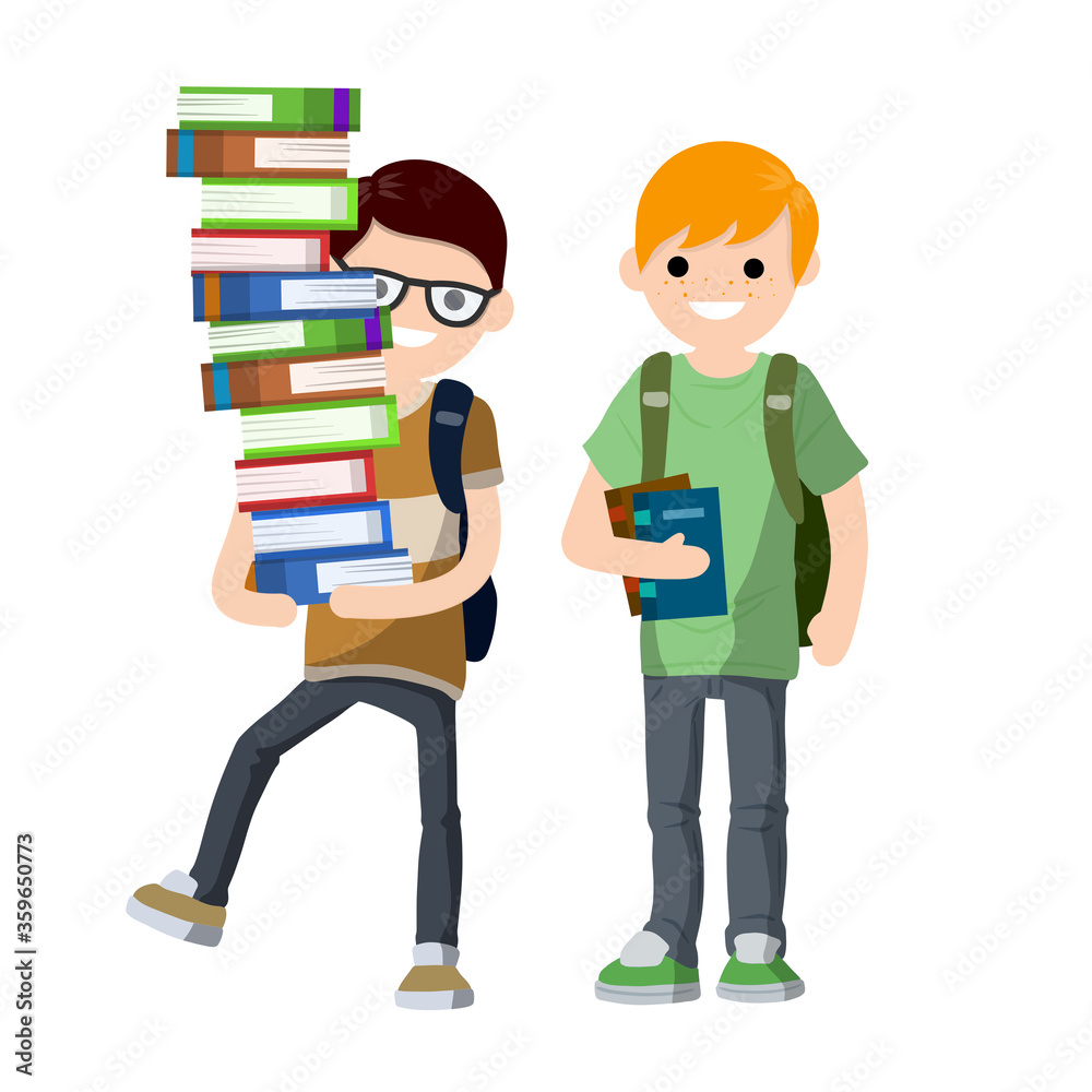Young students with book and backpack. Boy and man at school. Education and studies. Funny Couple. Guy carries heap of books. Young students with book and backpack. Boy and man at school. Education and studies. Funny Couple. Guy carries heap of books.