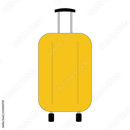 Travel suitcase on wheels with a pulled out handle isolated on white. Yellow plastic modern travel suitcase for clothes. Vector EPS10.