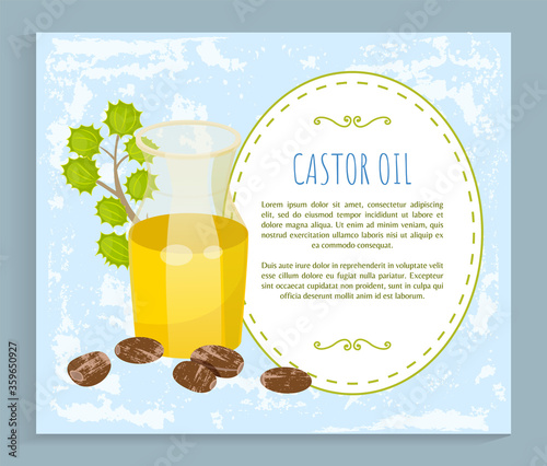 Castor oil info poster, jar with poured oily essence from seeds of ecological element for cosmetics. Hair growth and treatment, skincare and body care. Container with lotion for massage, vector