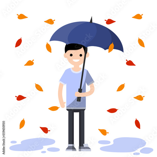 Young man standing in the rain with umbrella. Fall of orange and red autumn leaves. Cartoon flat illustration. Protection from Bad windy weather