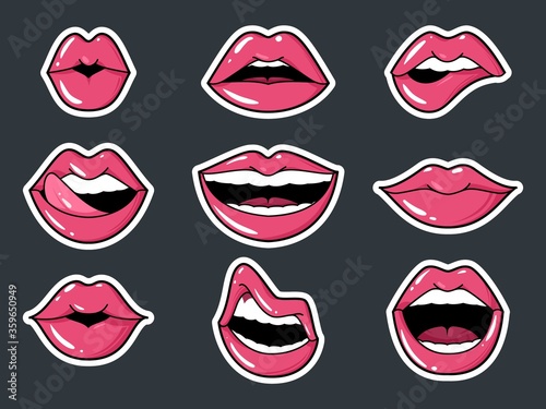 Lip Stickers Set. Patch female lips and mouth with a kiss, smile, tongue and teeth, Fashion collection badges elements vector illustration