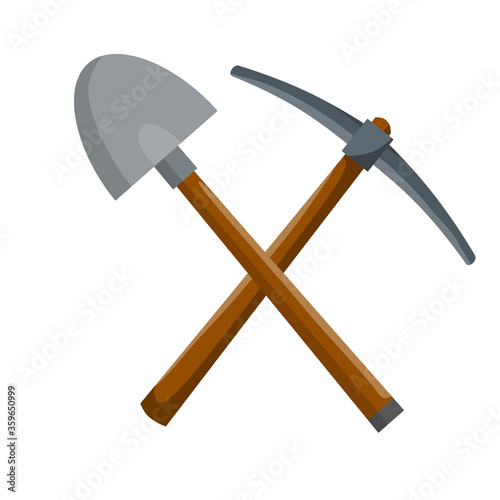Pick and shovel. Miner and digger tool. Items for extraction of minerals. Cartoon flat illustration. Logo of Labour and work. Rural tool. Iron pickaxe