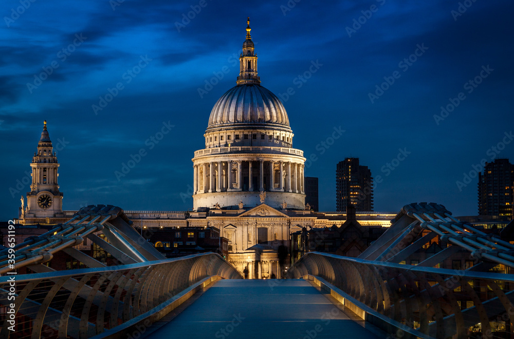 St Pauls Cathedral at dusk in London viewed from the Millennium Bridge