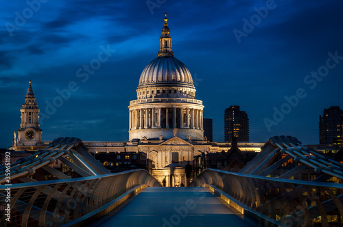 St Pauls Cathedral at dusk in London viewed from the Millennium Bridge photo