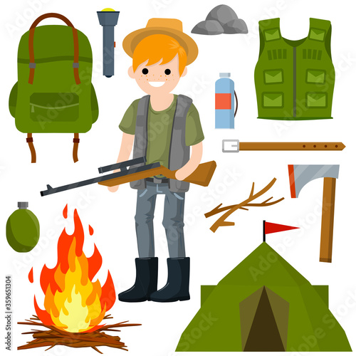 Man hunter with a gun. Tent, fire, ax, wood, backpack, green clothes, flashlight. Sniper with rifle with a scope. Survival kit in the woods. Equipment for hunting animals