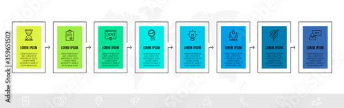 Timeline creative design linear infographics template. Business vector illustration with 8 options, arrows. Can be used for process banner, diagram, app, info graph, workflow layout, presentation