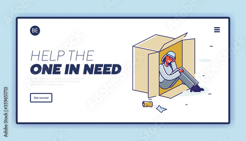 Landing page for charity website with poor afriacan man living on street in cardboard box