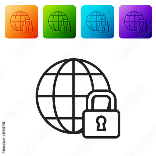 Black line Global lockdown - locked globe icon isolated on white background. Set icons in color square buttons. Vector.