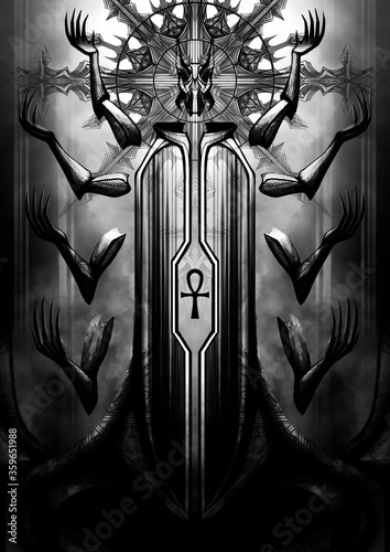 Lerretsbilde Anubis, horror ghost, evil spirit, dark Egyptian ancient God, with head and hands hanging in the air, full growth in robe, sharp fingers, on background of smoke and a biomechanical cross with eyes
