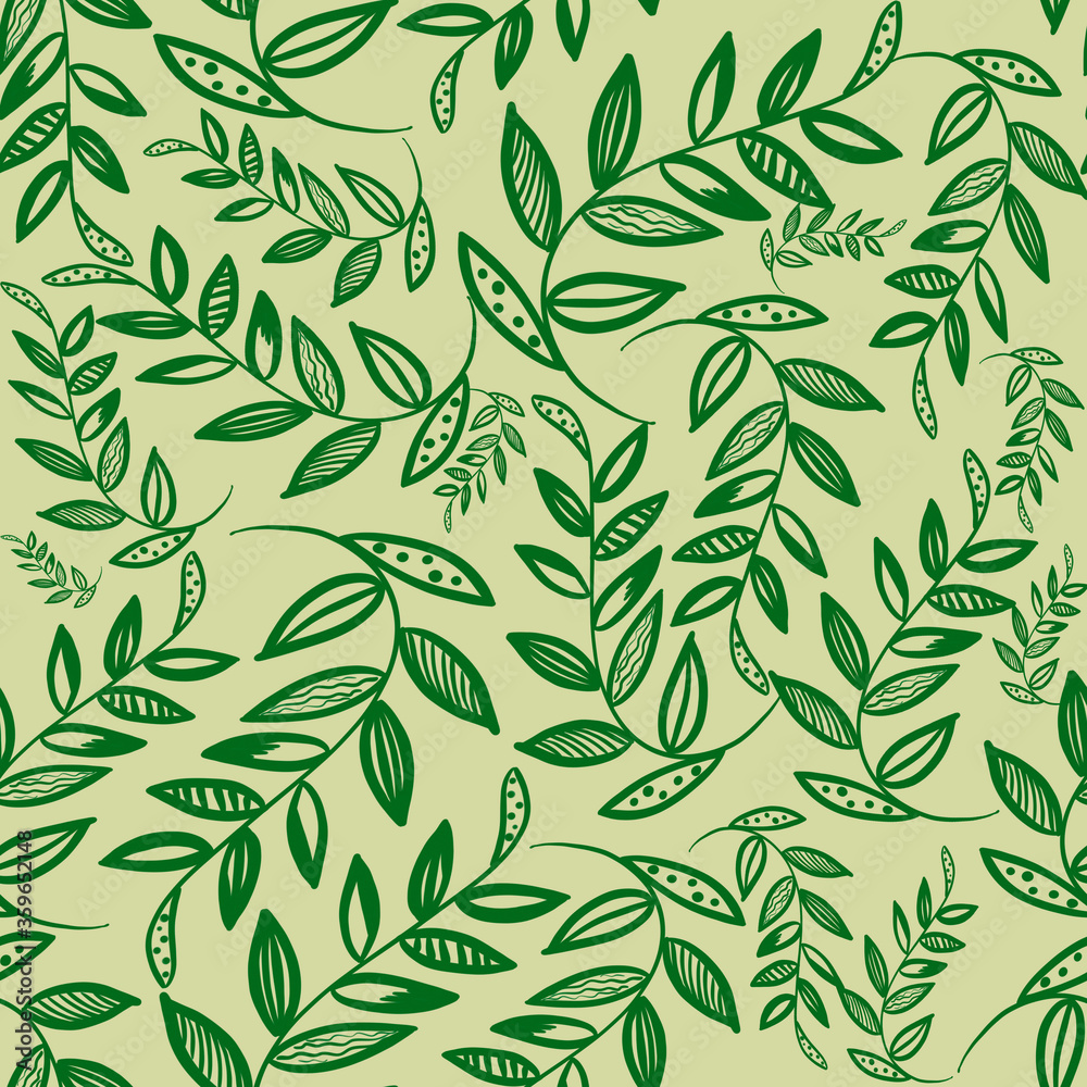 Simple doodle green branch with leaves on beige background. Seamless pattern with outline leaves. Linen print, wedding, packaging, wallpaper, textile, fabric, postcard design Simple doodle green branch with leaves on beige background. Seamless pattern with outline leaves. Linen print, wedding, packaging, wallpaper, textile, fabric, postcard design