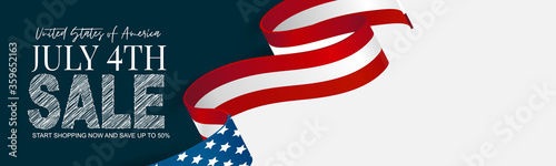 July 4th banner or header background. United States of America national flag and ribbon with stars and stripes. USA independence day celebration. Realistic vector illustration.