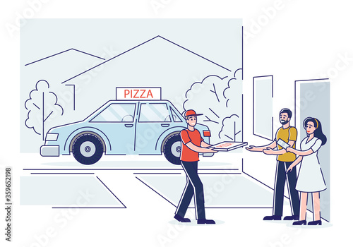 Courier boy deliver pizza to client. Fast pizza delivery service concept
