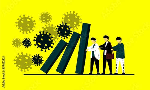Corona virus impact to global economy design concept. Financial crisis economy sign symbol. Businessmen, doctors and people help push bar graphs., economic collapse. Illustration vector