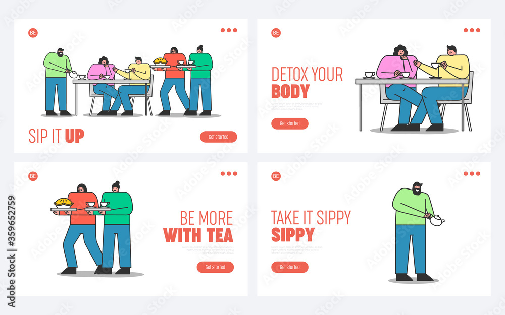 Set of landing pages with people drinking tea. Young friends meeting on tea or coffee