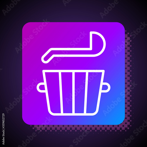 White line Sauna bucket and ladle icon isolated on black background. Square color button. Vector.