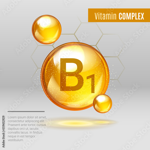 Vitamin B1 gold shining pill capcule icon . Vitamin complex with Chemical formula, group B, Thiamine. Shining golden substance drop. Meds for heath ads. Vector illustration.