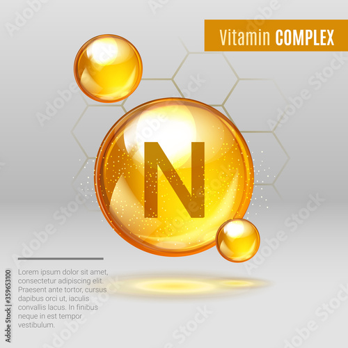 Vitamin N gold shining pill capsule icon . Vitamin complex with Chemical formula, lipoic acid. Shining golden substance drop. Meds for heath, beauty ads. Vector illustration.