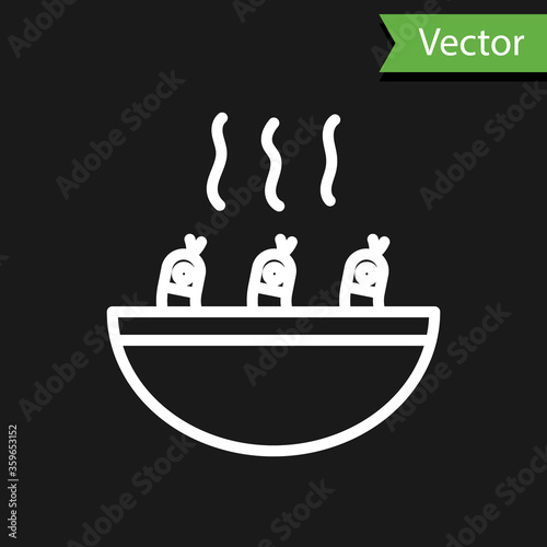 White line Soup with shrimps icon isolated on black background. Tom yum kung soup. Vector..