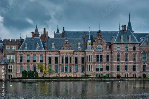 View of the Binnenhof House of Parliament and the Hofvijver lake. The Hague, Netherlands