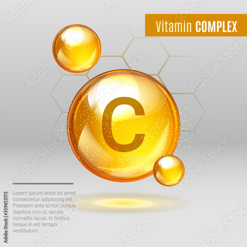 Vitamin C gold shining pill capsule icon . Vitamin complex with Chemical formula, Ascorbic acid. Shining golden substance drop. Meds for heath ads. Treatment cold flu . Vector illustration.