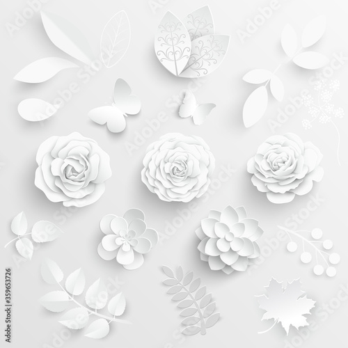 Paper flower. White roses cut from paper. Set.