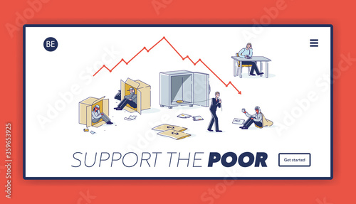 Landing page with support poor people concept. Homeless, jobless and bankrupt characters background