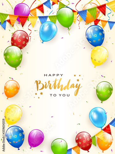 Golden Lettering Happy Birthday with Balloons and Pennants