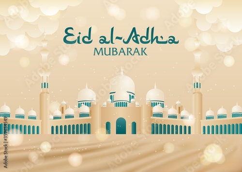 Eid Al Adha mubarak greeting card with Sheikh Zayed Mosque. Holy islam month muslim community template. Festival of sacrifice ram. Invitation hajj architecture, cloud, shiny light. Vector illustration