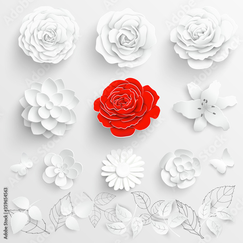 Paper flower. White roses cut from paper. Set.