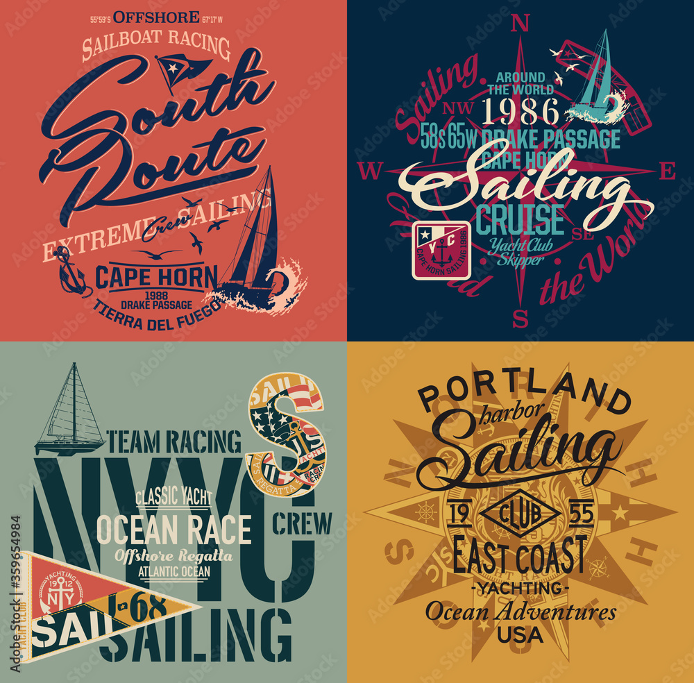Fototapeta Extreme Yacht racing ocean sailing vector collection of graphics for boy man t shirt