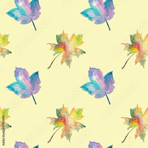 Seamless pattern with autumn leaves. Handdrawn watercolor illustration.