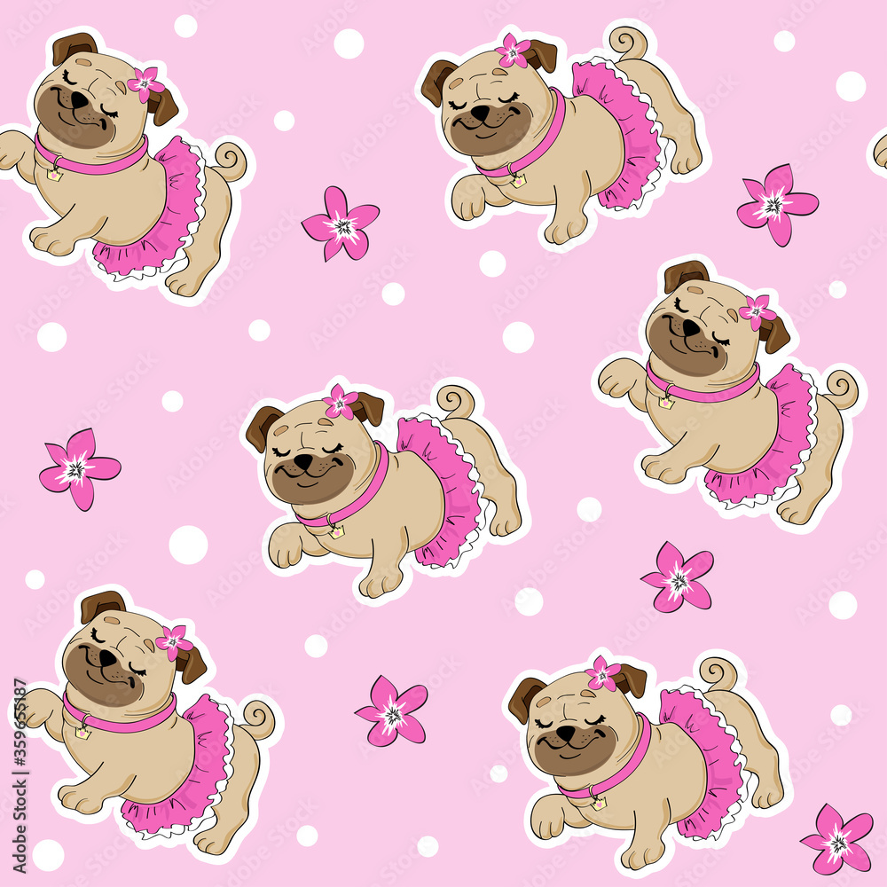 Obraz premium Beautiful pug dog in a pink skirt on a pink background seamless pattern