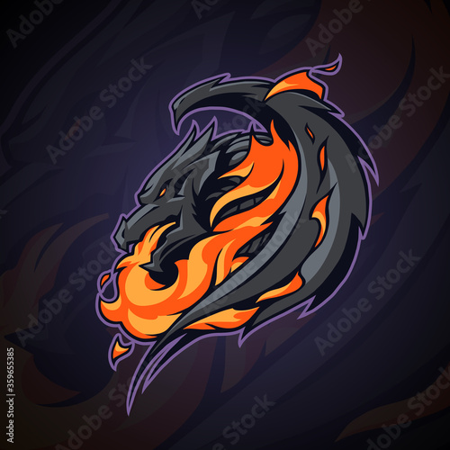 Dragon logo head illustration with fire flame