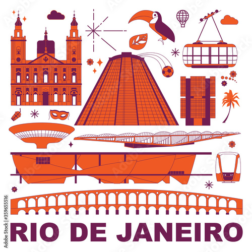 Rio De Janeiro culture travel set, famous architectures and specialties in flat design. Business travel, tourism concept clipart. Image for presentation, banner, website, advert, flyer, roadmap, icons