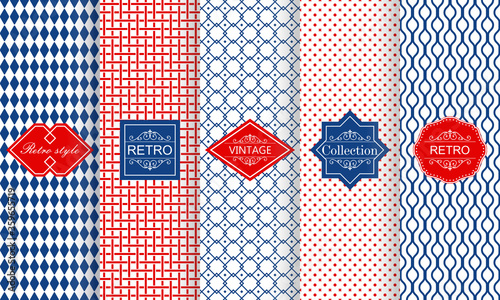 Set of seamless geometric patterns in blue and red  with trendy modern colorful labels. Shabby chic. Vector geometric seamless textures with zig zag lines, stripes.
