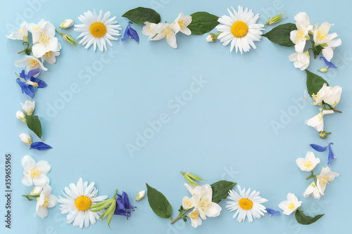 Floral composition. Frame made of various colorful flowers on light blue background. Easter  spring  summer concept. Flat lay  top view  copy space for text.