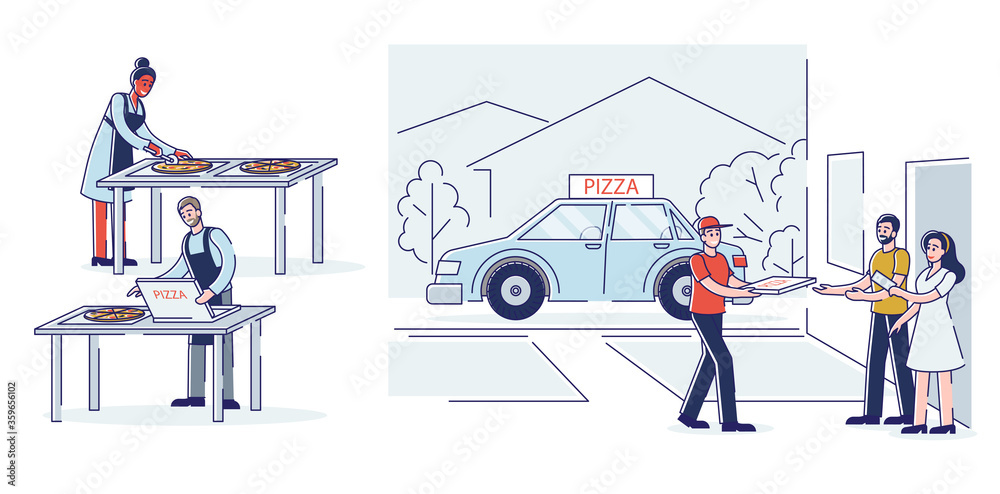 Pizza delivery process. Slicing, packaging and delivering to clients. Set of pizza restaurant workers