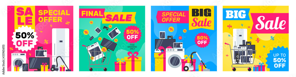 super sale electronics household appliances and gadgets square banners design set for social media