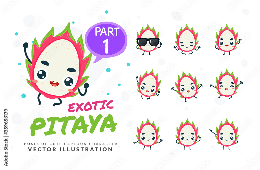 Vector set of cartoon images of Pitaya. Part 1