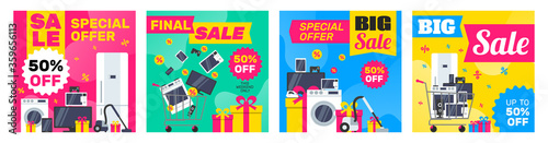 super sale electronics household appliances and gadgets square banners design set for social media