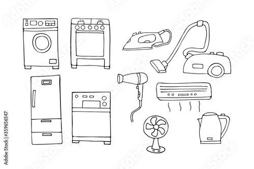 Doodle household appliances icon collection in vector. Hand drawn household appliances icons set. Household appliances set