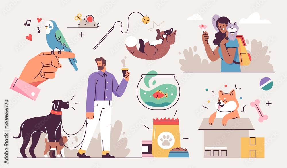 Naklejka premium Set of People and their pets illustrations. Men and women having fun, training and playing with their pets. Vector