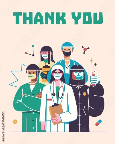 Thank you doctors and nurses working in the hospitals and fighting the coronavirus, vector illustration