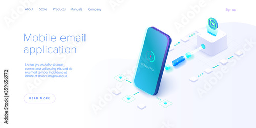 Email service concept isometric vector illustration. Electronic mail message as part of business  marketing. Webmail mobile service layout for website header. Newsletter sending background.