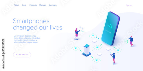Smartphone addiction in isometric vector illustration. People addicted using smart or mobile phone. Cellphone addicts background concept. Web banner layout template.
